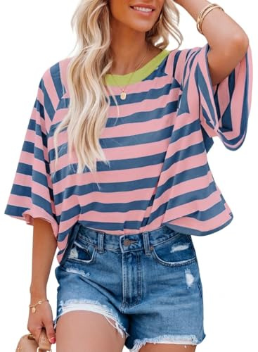 Chicrise T Shirts for Women Summer Oversized Striped Color Block Tops Crew Neck Short Sleeve Loose Casual Blouses Pink Blue Large 42-44