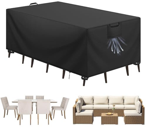 Aujink Housse Salon de Jardin Bâche Table de Jardin Tissu Oxford 420D Couverture de Protection Meubles Exterieur Imperméable, Coupe-Vent, Anti-UV Housse de Meubles en rotin, Noir, 150x90x75 cm