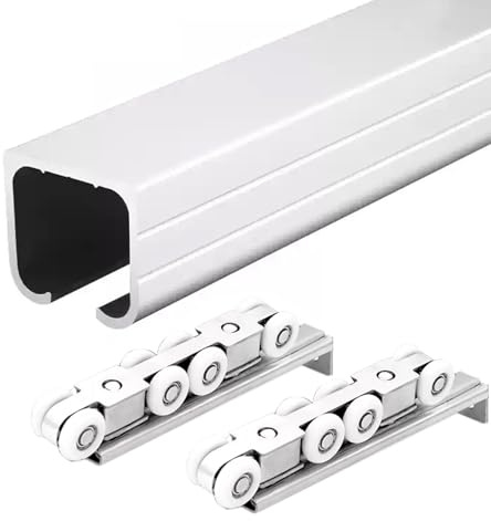 Kit de puerta corredera resistente – Riel de aluminio para puerta de bolsillo y rodillos de 30 a 2 pies, herrajes ajustables para uso en interiores y exteriores, sistema de puerta de granero de