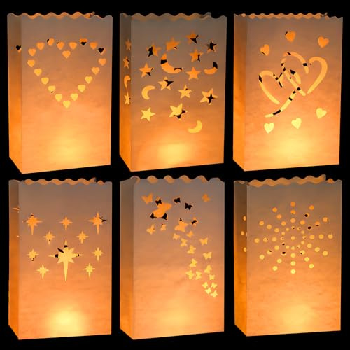 36 sacchetti luminosi, bianchi, a forma di cuore, stelle, luna, sole, doppio amore, fuochi d'artificio, farfalla, lanterne di carta per compleanni, matrimoni, feste di Natale (26 x 15 x 9 cm)