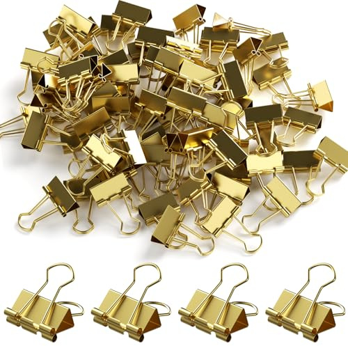 Pack of 100 Bulldog Clips, Gold Small Bulldog Clips, Binder Clips 19 mm Sturdy and Reusable Paper Clips, Metal Foldback Clips, Small, Foldback Clips Set for Stationery, Paper, Office Supplies