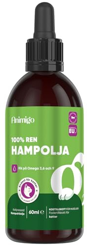 Ren hampolja för katter – 60 ml kallpressad hampfröolja med omega-3, 6 och 9 – Utan tillsatser – Hampfröolja för husdjur – För alla storlekar och raser – Animigo