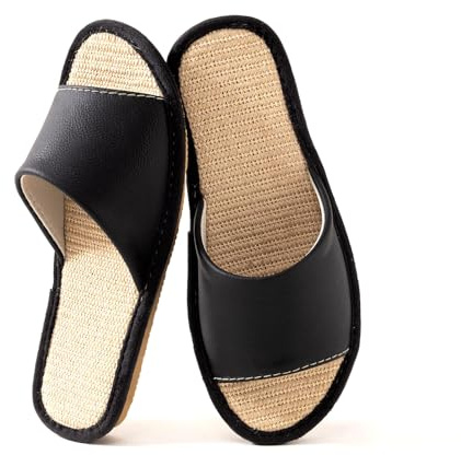 JOOFAN Top Grain Cowhide Leather House Slippers, Linen Insole Non Slip Breathable Flexible Indoor Home Sandals for Men Women