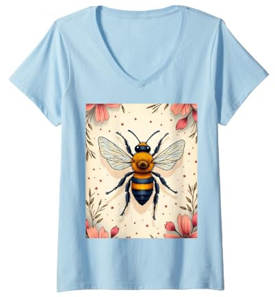 Women's Pattern Beekeeper Beekeeping Flower Floral Big Bee V-Neck T-Shirt