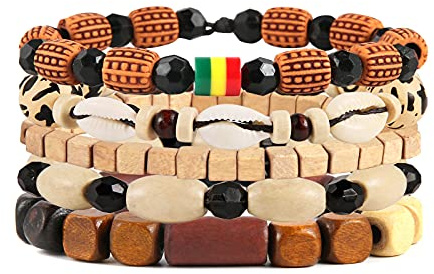HZMAN Braccialetti avvolgenti Uomini Donne Corde di Canapa Perline di Legno Etnico Tribale Bracciali Braccialetti, 15 -25cm, Pelle, Nessuna pietra preziosa