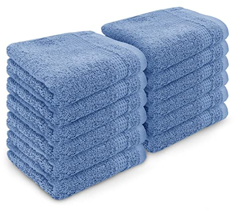 Velosso 12 Pack Premium Soft 100% Egyptian Cotton Ring Spun Soft Feel Face Cloths Flannel High Absorbent Spa, Gym, Sauna Face Towel (Blue)