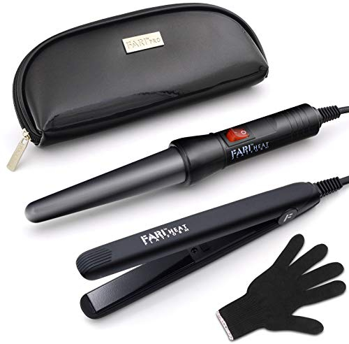 FARI Reise Lockenstab und Mini-Glätteisen 2 in 1 Kit, Keramik Turmalin Lockenstäbe und Haarglätter Set, Hitzebeständig Handschuh und Reiseetui Enthalten