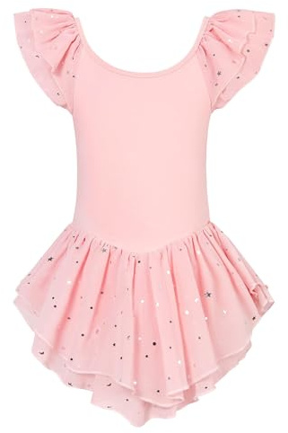 Idgreatim Little Girl Ballet Dance Dress Ruffle Sleeve Ballet Leotard Gentle Pink Dancewear Size 2-3 Years