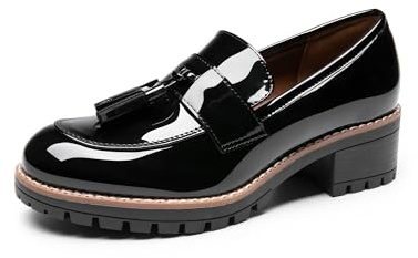 DREAM PAIRS Womens Loafers, Slip On Platform Chunky Penny Heeled Lug Sole Loafers for Women Dressy and Work, Business Casual Shoes for Women,Size 6.5,Black-Pat,SDLS2404W