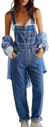 shownicer Femme Salopette Jeans Combinaison Denim Boyfriend Slim Jumpsuit Pantalon Casual Lâche pour Printemps A Bleu Foncé XL