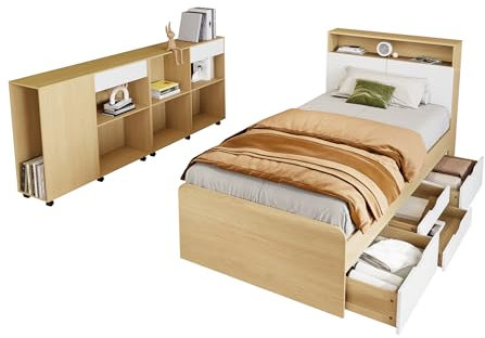 Komplettschlafzimmer Set, Jugendzimmerkombination, Einzelbett Schränke, Jugendbett, Paneelbett mit 4 Schubladen, 2 Schränke mit Rollen am Boden, MDF Spanplatte, Helleichefarbe, Weiß, 90x200cm