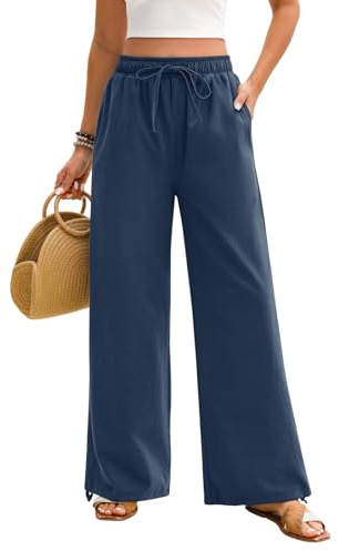 Niwicee Pantalones Mujer Verano Casuales Algodón Vintage Cintura Alta Elástico Pantalones Rectos con Cordón Verano con Bolsillos Ligeros y Cómodos Frescos Anchos Palazzo Pantalones (Azul Marino, M)