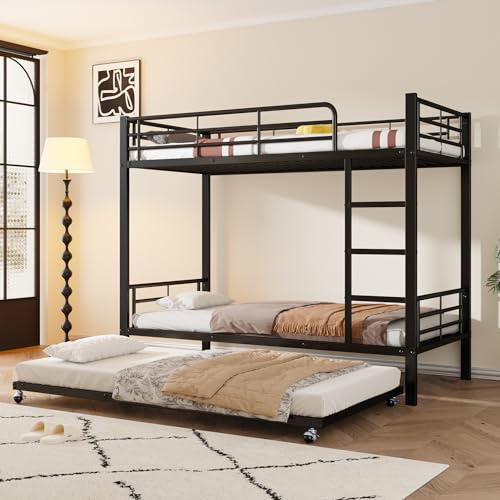 YuQozii Cama litera de hierro, adecuada para niños y adolescentes, con cama nido, cuatro rejillas laterales en la cama superior, hierro, 90 x 200 cm y 90 x 190 cm (negro)