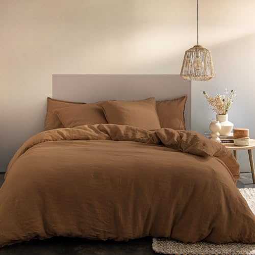 MATT & ROSE Housse de Couette Passion Lin Unie 100% Lin lavé | Ecorce | 260x240 cm | Chambre adulte, lit 2 places | Doux et respirant | Fermeture boutons | Certification Oeko-Tex