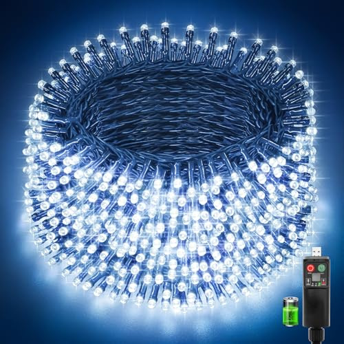 Luci Albero di Natale,30+3M 300LED Luci Natale Esterno Batteria,8 Modalità Luci di Natale da Esterno a Batteria,Timer,Funzione Memoria,Luci Natalizie da Esterno per Giardino Balcone,Bianco Freddo