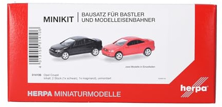 Herpa Kit de Montaje MiniKit Opel Coupé (2000), Negro y Rojo Magma, 2 Piezas, Miniatura a Escala 1:87, Pieza de colección, Kit de modelismo, plástico