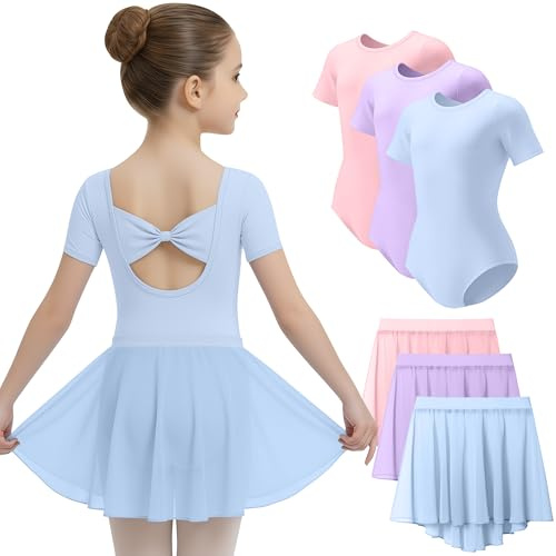 LessonZoo 3 Pack Ballet Leotards for Girls Short Sleeve Dance Dress with Removable Skirt Toddler Ballet Outfit with Bow Back(Purple, Blue, Pink,2-4t)