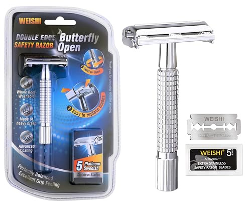 WEISHI Butterfly Open Double Edge Safety Razor for Men, Chrome Short Handle with 5 Stainless Razor Blades Included, Reusable Wet Shave Tool for Smooth, Close Shave