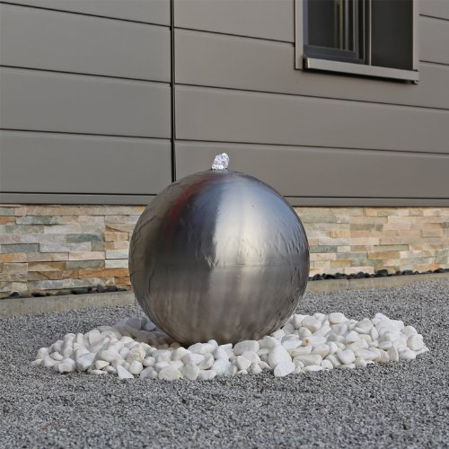 CLGarden Edelstahl Kugel Springbrunnen ESB4 gebürstet mit 38cm großer Edelstahlkugel Kugelbrunnen mit LED Beleuchtung