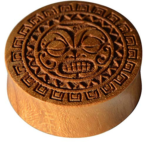 CHICNET Plug pour homme et femme - En bois de teck - Gravure masque de guerrier - Double évasé - 22 mm à 30 mm, Bois