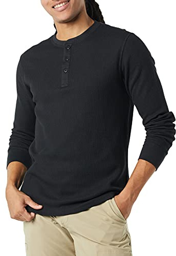 Amazon Essentials Men's Regular-Fit Long-Sleeve Waffle Henley Shirt, Black, L