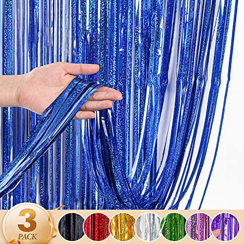 WenYa 3 Pack Blue Foil Fringe Curtains Party Decorations, 3.3ft x 6.6ft Glitter Fringe Rain Curtain, Photo Booth Backdrop Tinsel Curtain Streamer for Wedding Christmas New Year Celebration Party