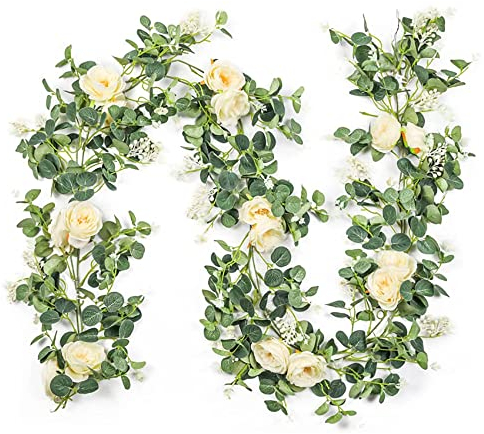 NIZEAMI 2 Stück Eukalyptus Girlande mit Champagner Rose, GrüNe Girlande Künstliche Pflanze Hängepflanze Florale EukalyptusB LäTter, Reben für Hintergrund Tischläufer Mittelstück