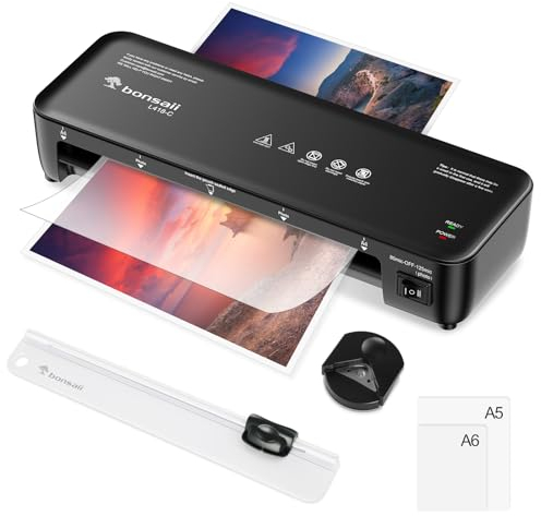 Bonsaii Laminiergerät A4, 5 in 1 Laminiergerät mit 10 Stück A5 A6 Laminierfolien, Laminator mit Papierschneider und Eckrunde, Verstopfungsschutz, Schnelles Laminieren von Dokumenten und Fotos(L418-C)