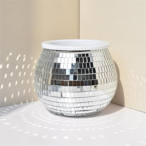 Pot de fleurs disco en verre, miroir argenté, support de plante disco, vase à boule disco, décoration moderne en plastique pour intérieur et jardin, 14 x 15 cm