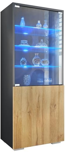 Vitrine Granada, Made in Germany, Vitrinenschrank mit Glastür und Glaseinsatz inkl. LED, Anthrazit matt/Eiche Natur (50 x 122,5 x 34,5 cm)
