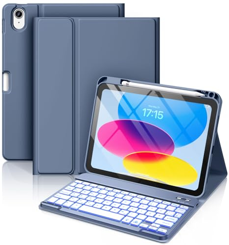 Vobafe Cover iPad A16 11 10 Generazione con Tastiera (11/10.9 Pollici, 2025/2022), Italiano QWERTY con 7 Colori Illuminato, Senza Fili Staccabile Custodia Tastiera con Portapenna, BluGrigio
