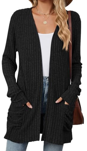 Famulily Long Sleeve Ribbed Cardigans for Women, Light Fall Winter Outwear Open Front V Neck Sweater Cardigans with Pockets