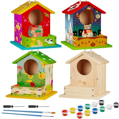 Liliful 16 Pack Wooden Birdhouse Kit DIY Bird House with Paint and Paintbrushes Art and Crafts Painting Kits for Boys Girls Adults Build Paint Classroom Birthday Indoor Outdoor Craft