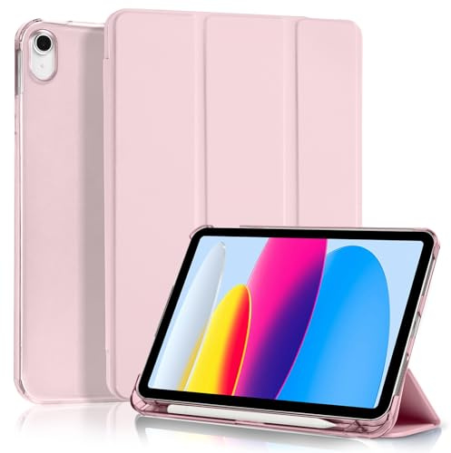 4UBonLife Fodral för iPad (A16) 11:e generationen 11 tum 2025, för iPad 10:e generationens 10,9 tum 2022 med Pennhållare, Smalt Stativ Skydd med Genomskinligt Frostat Hårt Bakskal, Rosa