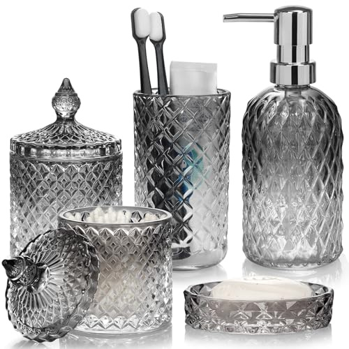 Set di accessori da bagno, 5 pezzi in vetro sfumato set completo, accessori da bagno in vetro con dispenser di sapone, portasapone, portaspazzolino, supporto Qtip