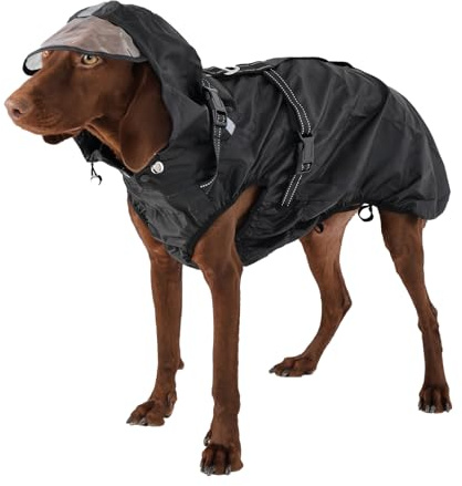 OUOBOB Dog Raincoat Waterproof, Rain Jacket with Reflective Strips, H-Harness (D-Ring) & Detachable Hood with Visor, Ideal for Medium/Large Dogs [Black, Size XL]
