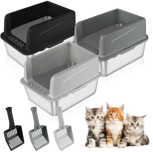 Bartuke Lot de 3 Toilettes pour Lapin, avec Pelle, en Acier Inoxydable, 45 x 35 x 30 cm, pour Petits Animaux, Chats, Chiots, Lapins (Gris foncé, Gris Clair & Noir)
