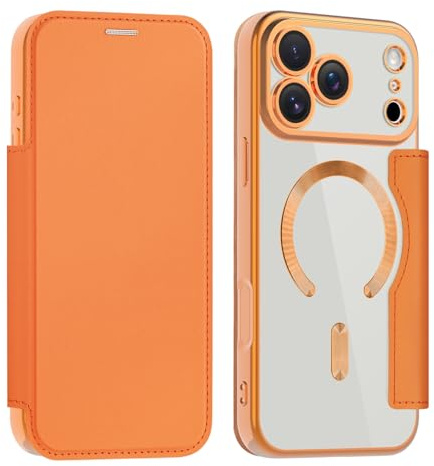 Unichthy Magnetic Flip Case for iPhone 17 Pro Max Clear Cover |RFID Blocking| Wallet Purse Shockproof Leather Individual Protection for Each Lens Phone Skin for iPhone 17 Pro Max Cosmic Orange