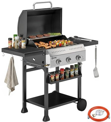 Outsunny Barbacoa de Gas BBQ Gas con 3 Quemadores 9 kW Barbacoa Portátil con Termómetro Mesas Laterales Plegables Estante Rejilla Calentadora Especiero Parrilla Recogedor Grasa 2 Ruedas Ganchos Negro