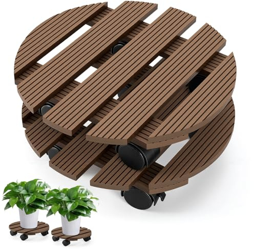 Fogmiea 2 rotoli per piante in WPC, rotondi, Ø 30 x 7,5 cm, rullo per fiori con ruote, fino a 80 kg, sottopentola rotella per interni ed esterni, per piante e vasi di fiori, colore: marrone