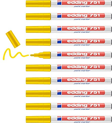 edding 751 Lackmarker - gelb - 10 Lackmarker - Rundspitze 1-2 mm - Lackstift für Glas, Stein, Holz, Kunststoff und Papier - wasserfest, stark deckend