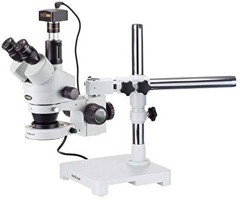 AmScope SM-3TZ-80S-8M Digital Professional Trinocular Stereo Zoom Microscope, WH10x Eyepieces, 3.5X-90X Magnification, 0.7X-4.5X Zoom Objective, 80-Bulb LED Ring Light, Single-Arm Boom Stand, 90V-265V, Includes 0.5X and 2.0X Barlow Lenses and 8MP Camera with Reduction Lens and Software