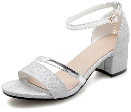 Onewus Damen Sandalen Blockabsatz 5,5 cm Silber Glitzer - Bequeme atmungsaktive Innensohle mit Schnallenverschluss - Silber 40 (Größentipp: 1 Größe größer bestellen)