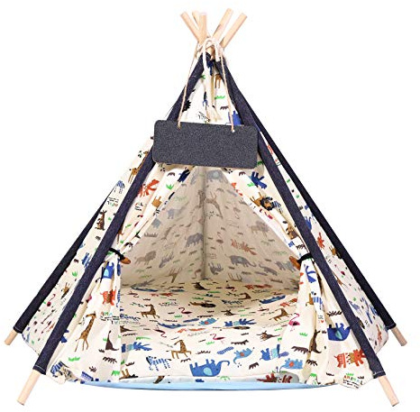 BingoPaw Dog Tent Teepee Bed: Large Pet House Teepee Cat Play Tents Indoor with Removable Cushion - Washable Canvas Puppy Play Kennel Canopy L(84X84X87cm)