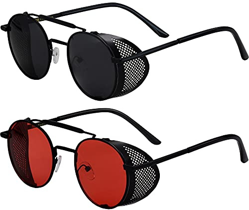 XFentech Gafas de Sol Estilo Steampunk - 2pcs de Gafas de Sol Punk Polarizadas Estilo Retro Clásico Gafas Redondas de Metal para Unisex, A1 Marco Negro - Lentes Negro + A1 Marco Negro - Lentes Rojo