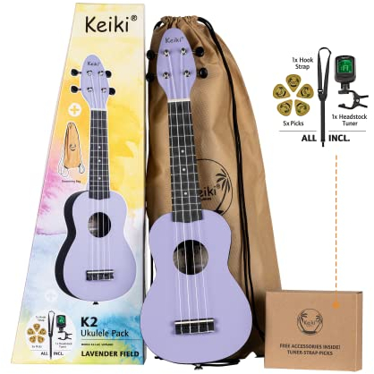 Ortega Guitars Sopran Ukulele Akustisch – Keiki K2 Series – Inklusive Zubehör – Agathis, ABS, Lila (K2-LAF)