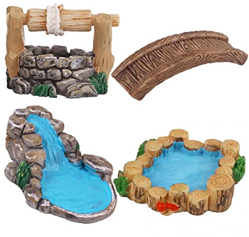 Lipfer Fairy Garden Accessories 4pcs/set Miniature Garden Bridge Water Well Stream Pool Figurines Ornament for Diy Craft Decor