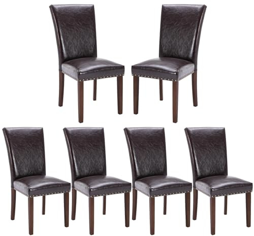 COLAMY Upholstered Parsons Dining Chairs Set of 6, PU Leather Dining Room Kitchen Side Chair with Nailhead Trim and Wood Legs - Dark Brown