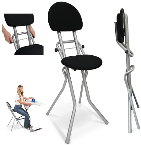 ELONEO Sitzhilfe, Bügelstehhilfe rückenschonend, rutschfest u. platzsparend, 3-Fach höhenverstellbar (58-65 cm), mit Rückenkissen, belastbar bis 120kg, Silber 45 x 98 x 47 cm