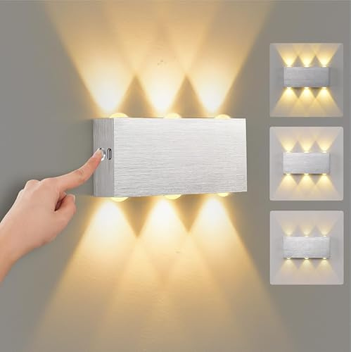 VOMI Batteridriven Vägglampa Inomhus med Strömbrytare, Justerbar Ljusstyrka med Touchkontroll, 6W LED Sladdlös Uppladdningsbar 4000mAh Batteri Vägglampor Magnetisk Upp och Ned Väggbelysning, Varmvit